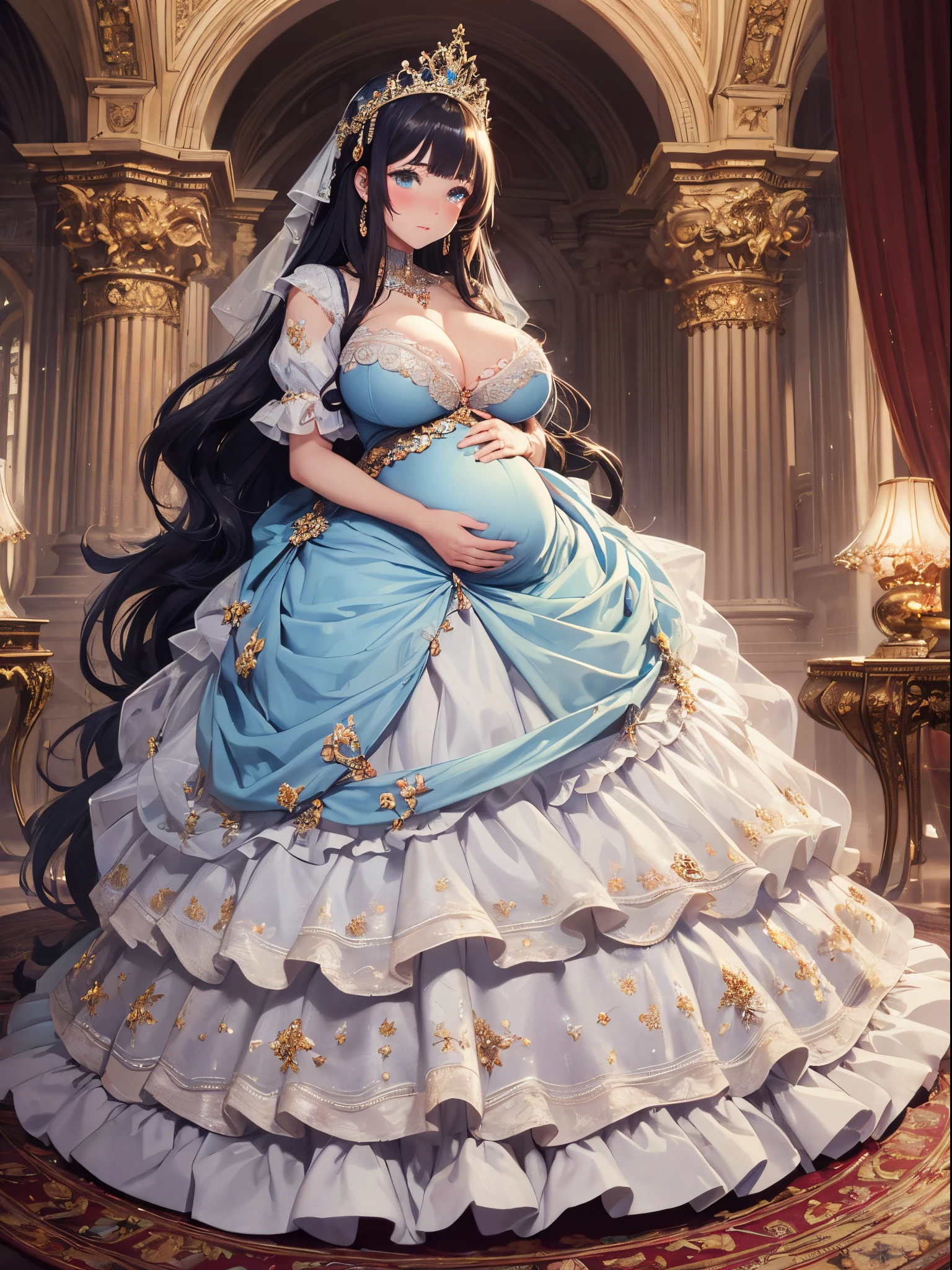 ultra-detailed, extremely detailed,((anime artstyle)),Masterpiece,(Best Quality),(Super Detail),(Very Delicate and Beautiful),((Solo)),((full body)),full body,((detailed face and eyes)),perfect eyes, rendered eyes,jewel-like beautiful eyes,((embarrassed,blush)),((1 pregnant princess in beautiful embroidery and jeweled gorgeous rococo ballgown with voluminous full length hoop skirt)),(((heavily pregnant))),((Crinoline,luxurious ruffles)),beautiful embroidery and jeweled gorgeous rococo ballgown with voluminous full length hoop skirt,(large amount of straight hair,extremely voluminous Very Long straight Hair,Absolutely Long Straight Hair),(((very gigantic boobs))),skindentation,Bursting breasts,cleavage,(fantasy castle,luxury palace),long_gloves,extremely gorgeousfull jeweled hair ornament,(bling-bling extremely gorgeousfull jeweled tiara),(luxurious jewelry),full body,beautiful embroidery and jeweled gorgeous rococo princess ballgown with voluminous full length hoop skirt