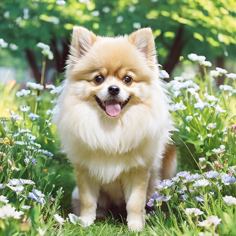 Pomeranian, Sit down, White hairs, illustratio, In the park