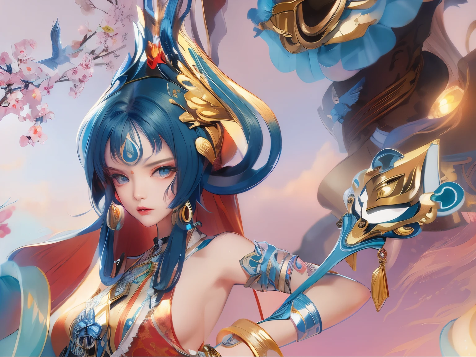 Anime girl wearing blue hat and blue dress holding, beautiful fantasy empress, onmyoji detailed art, 《the original god》Keqing in, 《the original god》Zhongli in Zhongli, ((beautiful fantasy empress)), Inspired by Puhua, heise jinyao, Inspired by Lanying, Inspired by Luo Mu