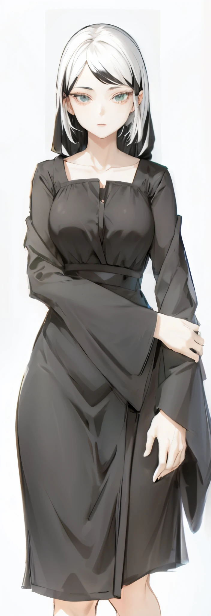 Anime woman in a black dress with a white hair, anime girl wearing a black dress, wearing office dress,