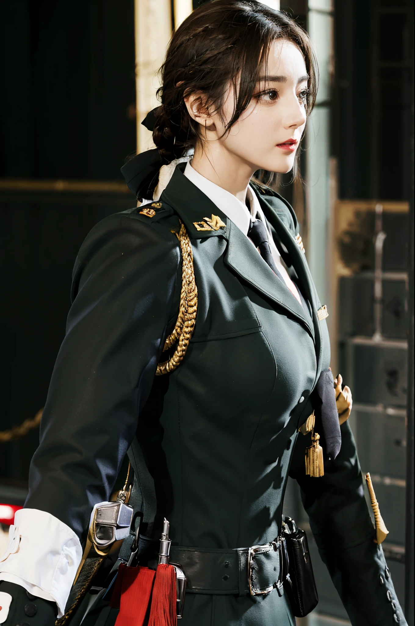 Very detailed CG unity 8K wallpaper，（tmasterpiece），（best qualtiy），（ultra - detailed），（Ultra photo realsisim），（best character detail：1.36），Nikon D750 f / 1.4 55mm，profesional lighting， physically-based renderingt, 1girll, Female soldier，army suit，Dark green military uniform，Fabric texture military uniform，Pure white lining，Dark green tie，Black hair，the golden ratio,[:(com rosto detalhado:1.2):0.2]:,PureErosFace_V1, broad shoulder,(Bigchest:1.5),(big assa:1.5)，Soaked with sweat，red flags，In the square，Splendid scenery，bright sun，upper body photos，Place your hands on your chest，  Small flags，Flag of China，Night Street，lighting，Contre-Jour，
