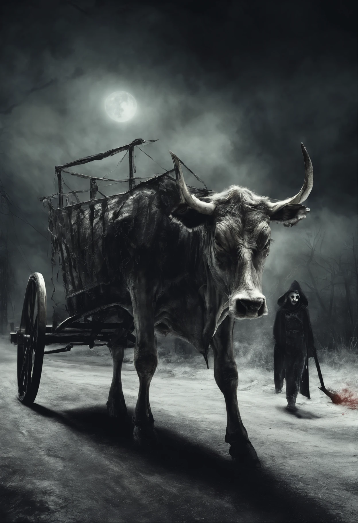 Imagine a scene with a sleek, white, skinny cow with glowing red eyes, harnessed and diligently pulling a cart. The contrast between the ethereal red glow and the pure white fur creates a striking and surreal visual. The cow's focused expression and determined posture add a mysterious and captivating element to the image.gothic