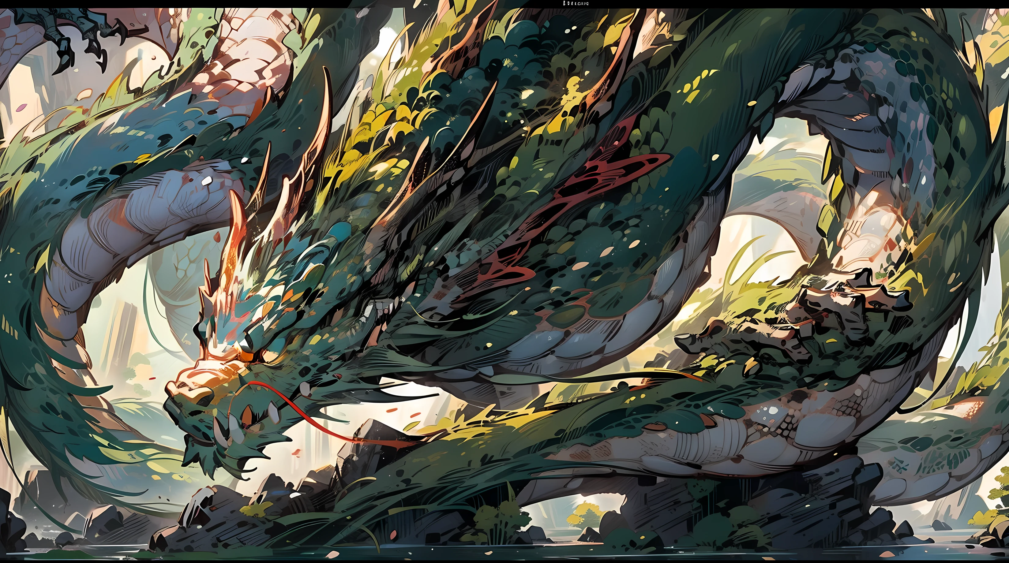 hyper-detailing, A high resolution, ultra - detailed, Best quality, Amazing cleavage, quality, Extremely detailed comic style，8k wallpaper, 电影灯光，Mottled light and shadow，From the side Side,lens flare glow,Ray traching,A red and white dragon，closeup cleavage,Looking from the direction of the dragon#39;s head view，Dragon whiskers float in the air，There are tree vines inside the dragon#39;bugle，There  some moss attached to the dragon scales，Calm demeanor，Huge paws on the rocks，There  a dead tree blocking the camera，There are some huge tree branches scattered around，Surrounded by swamps and forests,