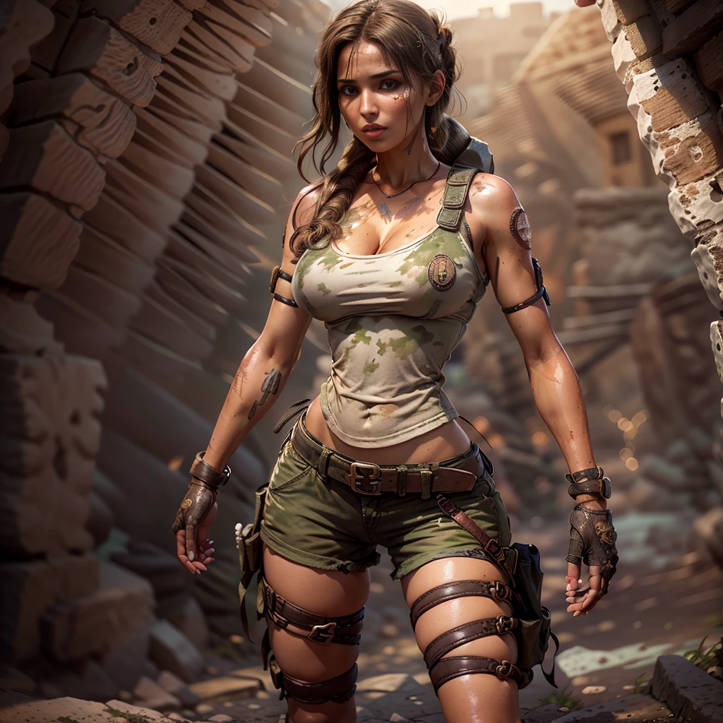 8K ultra-realistic artwork featuring ((((1 seductively posed young and busty Lara Croft in is typical Tomb raider outfit , small sexy kaki shorts and a White crop top with a deep neckline. Military boots ))))((Amazing body , huge natural bouncing breast, small waist and big round butt ))). Ensure she gazes provocatively towards the viewer, exuding a captivating and determined allure. Depict her in a dynamic action pose, set against the backdrop of an Aztec pyramid, with highly detailed surroundings, lifelike skin tones, and light reflections to elevate the realism. Aim for the artistic style reminiscent of a renowned artist, implementing visual enhancements to maximize the image's allure and aesthetic appeal."incredible masterpiece , hourglass body shape