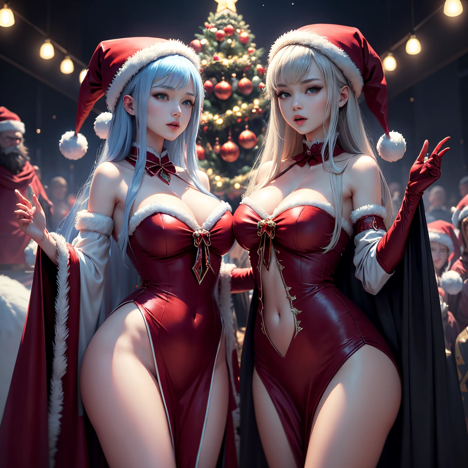 １femele、Slender beautiful figure、make friends with big monsters、.超A high resolution、An ultra-high picture quality、8K、Wonderful expression with attention to detail、they are enjoying the party together、Santa Claus Costume、Night party background with christmas tree、
