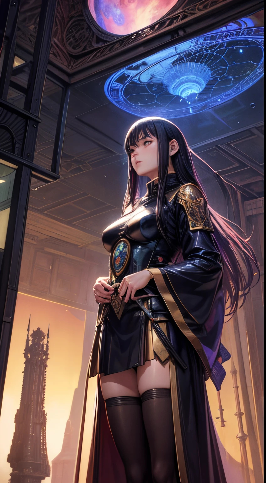 Wayne Barlowe, Kaneyoshi Izumi , Surreal, mysterious, strange, fantastical, fantasy, Sci-fi, Japanese anime, glass astronomical observation clock tower, stairs and machinery visible through, planets spinning inside, miniskirt beautiful girl looking up, perfect voluminous body, detailed masterpiece