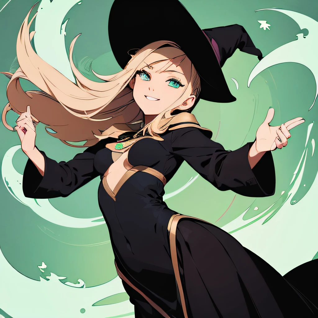 (masutepiece, Best Quality),((Flat color)), 1 girl , Witch Girl, pixiv style, Detailed beautiful eyes, Small breasts, Smile , Floating leaves, Dynamic, Wind element, Storm