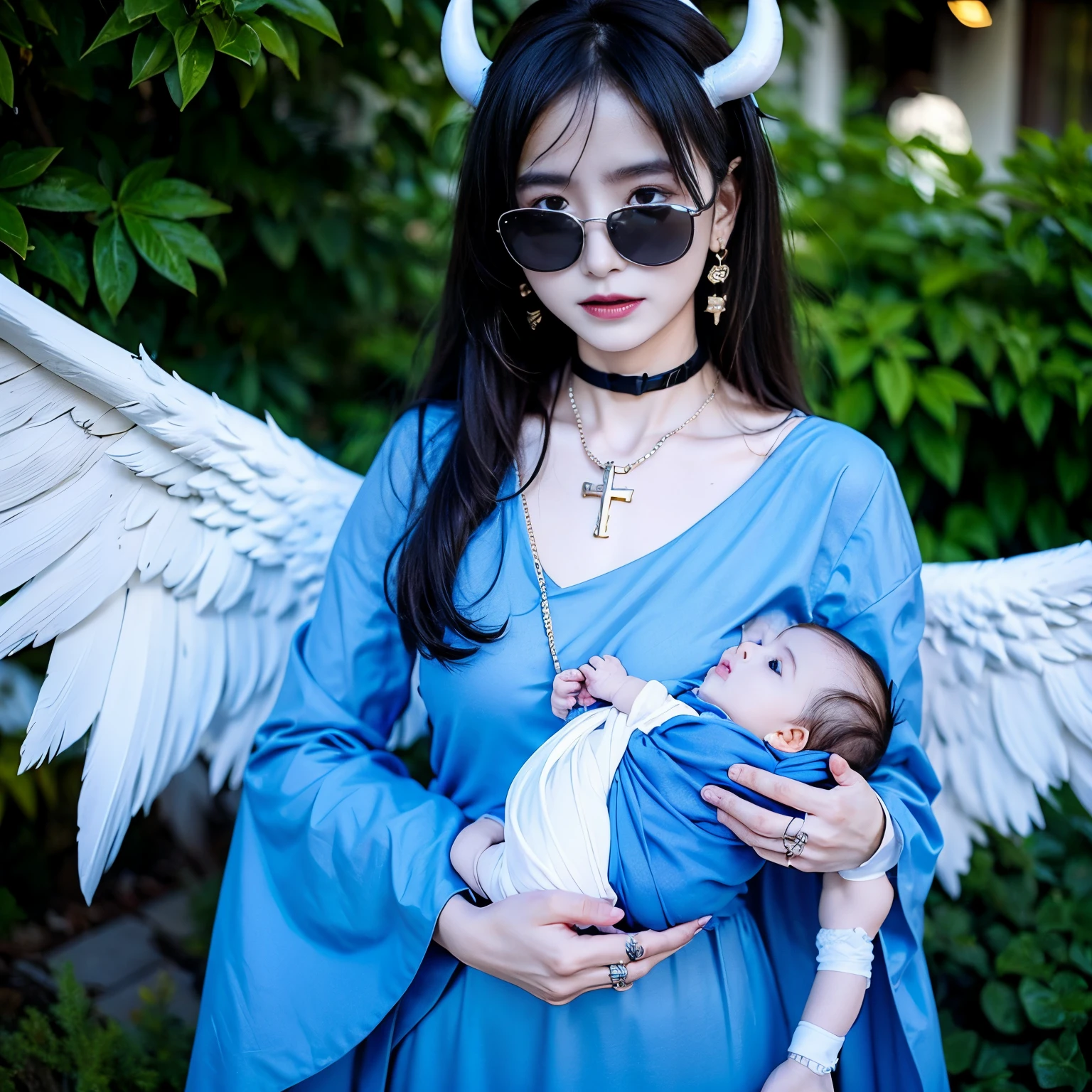 sunglasses, 1 girl with jesus, blue dress, wings, black wings, angel, halo, demon horns, standing on the garden, choker, midget, super villain, stand, look at the viewer, cross necklace, earrings, jewellery, jesus, jesus christ, cross tatto, sunglasses, holding a baby, holding a kid