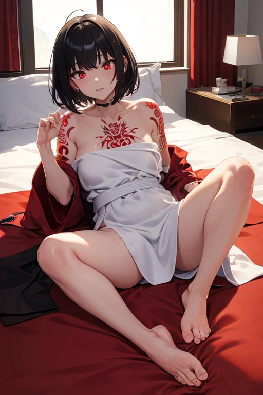 Anime girl with short black hair with red highlights and glowing red eyes with tattoos and piercings wearing a towel , barefoot, laying in bed