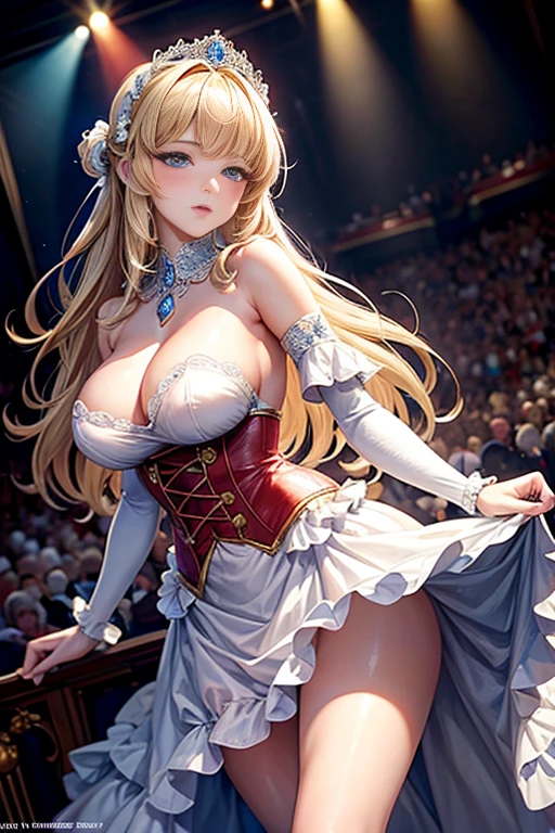 masterpiece:1.4, best quality:1.4, 8K animation, nsfw,  {The most erotic, lewd and beautiful princess in the world}, Gorgeous, mature and pretty crinoline ball gown, on concert stage, Lift the skirt to show the pussy, off shoulders, big breasts