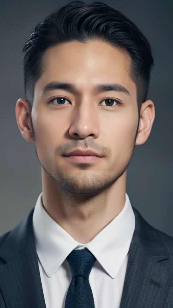 (the Extremely Detailed CG Unity 8K Wallpapers,masutepiece, Best Quality, Ultra-detailed), Gray background, 35-year-old male living in Japan, 35 year old male city hall employee, Sporty hairstyle, A dark-haired, narrow facial contours, tthin eyebrows, Sharp eyes, high and thin nose, thin lipss, Physical slim, Shirt and tie, Strong impression