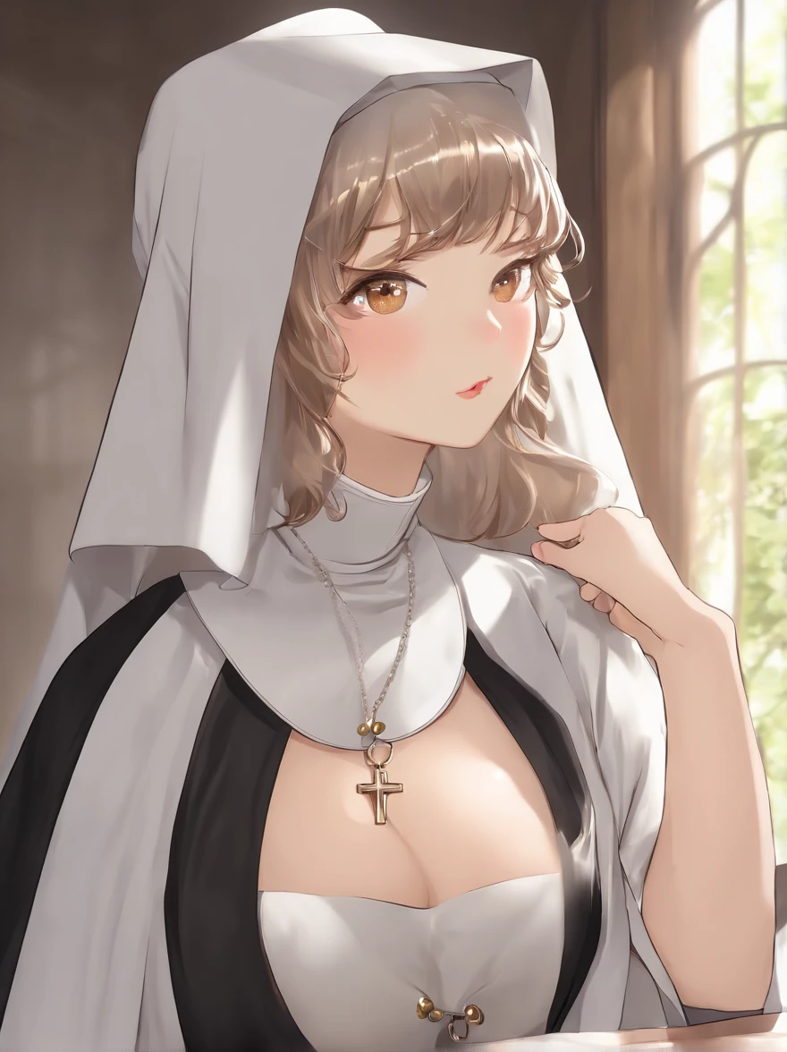 (1girl:1.5), masterpiece, best quality, best detail, best proportion, best anatomy, best face, blush, best shaped breasts, very large breasts, ((wearing nun's costume):1.4), 14 year old japanese lowteen, ((half body shot):0.9), nsfw, in a confession room(background), shame, blush, topless:1.3, nipples:1.2, cum in pussy, very wet, spread her legs wide,