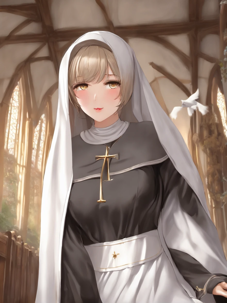 (1girl:1.5), masterpiece, best quality, best detail, best proportion, best anatomy, best face, blush, best shaped breasts, very large breasts, ((wearing nun's costume):1.4), 14 year old japanese lowteen, ((half body shot):0.9), nsfw, in a confession room(background), shame, blush, topless:1.3, nipples:1.2, cum in pussy, very wet, spread her legs wide,