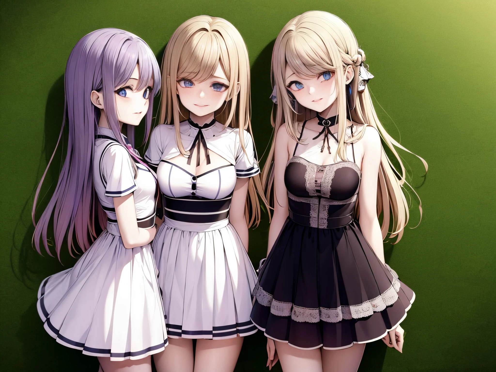 Maid Group, (in forest), various hairstyles, harem, wearing a maid uniform, night, details face, , short skirt, tempting, sleeveless , night, starry night