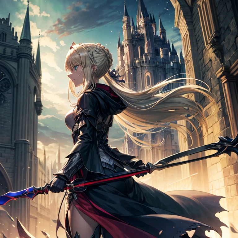 Artoria alter, hooded cloak, green eyes, blonde braided hair, running away from the castle at night, tears coming down her face