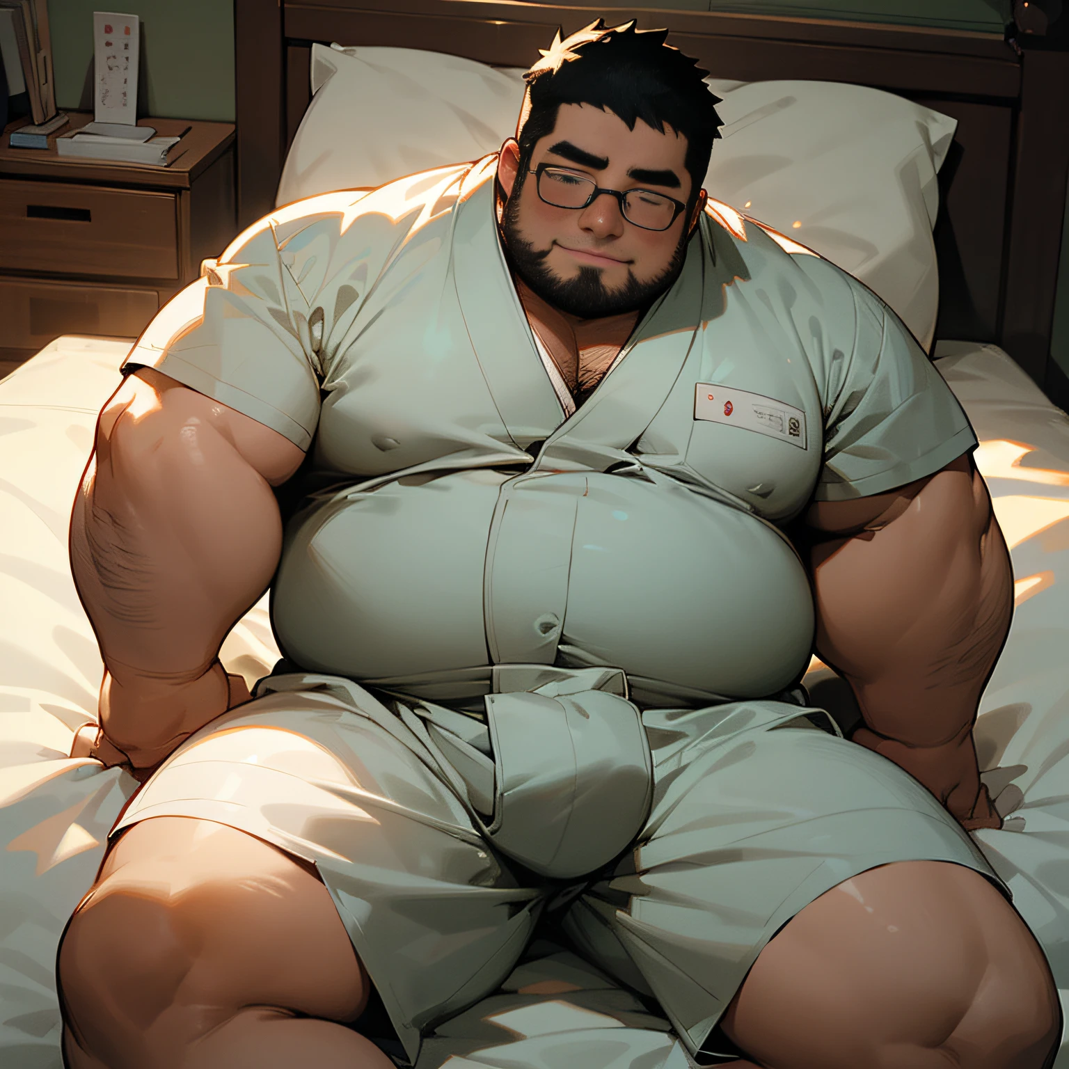 ​masterpiece,top-quality, 8K, Japanese **************, Fat man lying on the bed and spreading his legs in an M shape, Spread legs, nerdy, short legs, Bowleg, Bare legs, Shirtless, wear wide-open coveralls, Shy, Fat Man, Glasses, Black-haired man, Man with big face, Round face, Sweating, out, hard, NSFW, Solo, Asian,