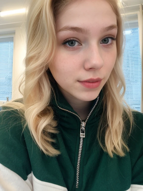 A young woman from Northern Europe, 18 years old, cute face, albino skin, eyeliner, thin nose, wearing a neckline, room in the background,  selfie,  selfie quality