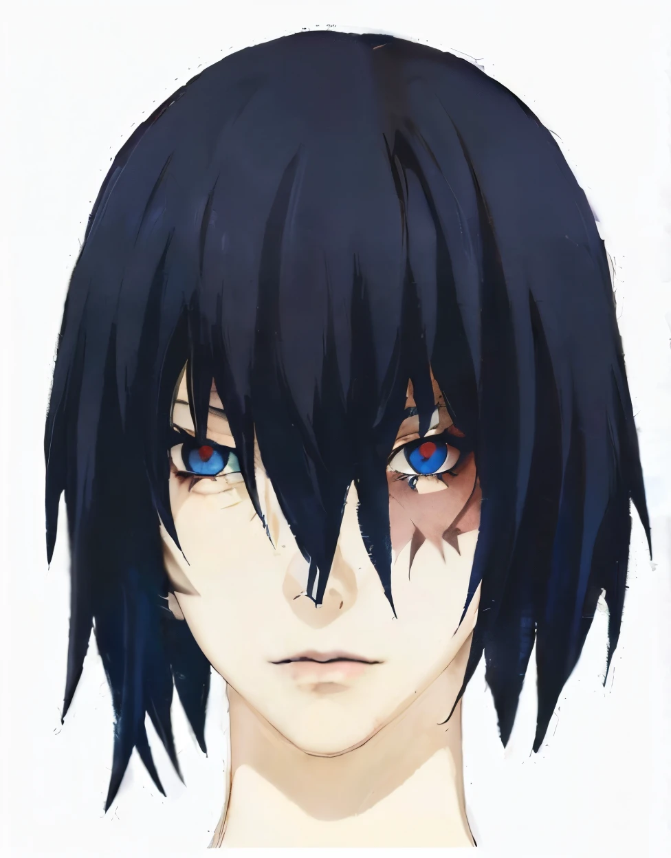 Anime-Junge mit schwarzen Haaren und blauen Augen, der in die Kamera starrt, Sui Ishida mit schwarzen Haaren, Fubuki, als Anime-Charakter, Big anime guy with blue eyes, Male anime character, Semi-realistischer Anime, gapmoe yandere, von Jin Homura, inspiriert von Jin Homura, Anime-Charakter, Okata Kazuto., Perfektes Anime-Gesicht, burn scars in face, Piercings in lips, burned face of mello from death note