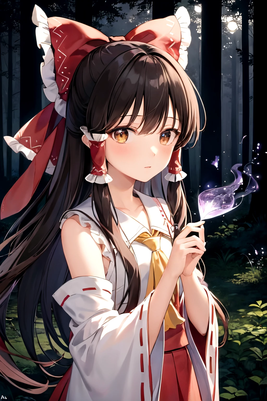 detailed background, masterpiece, best quality, 1girl, hakurei reimu, brown hair, hair tubes, hair ribbon, brown eyes, nontraditional miko, a forest full of purple and white trees, fireflies, water, purple theme, white theme, mystical, magical,
glowing eyes