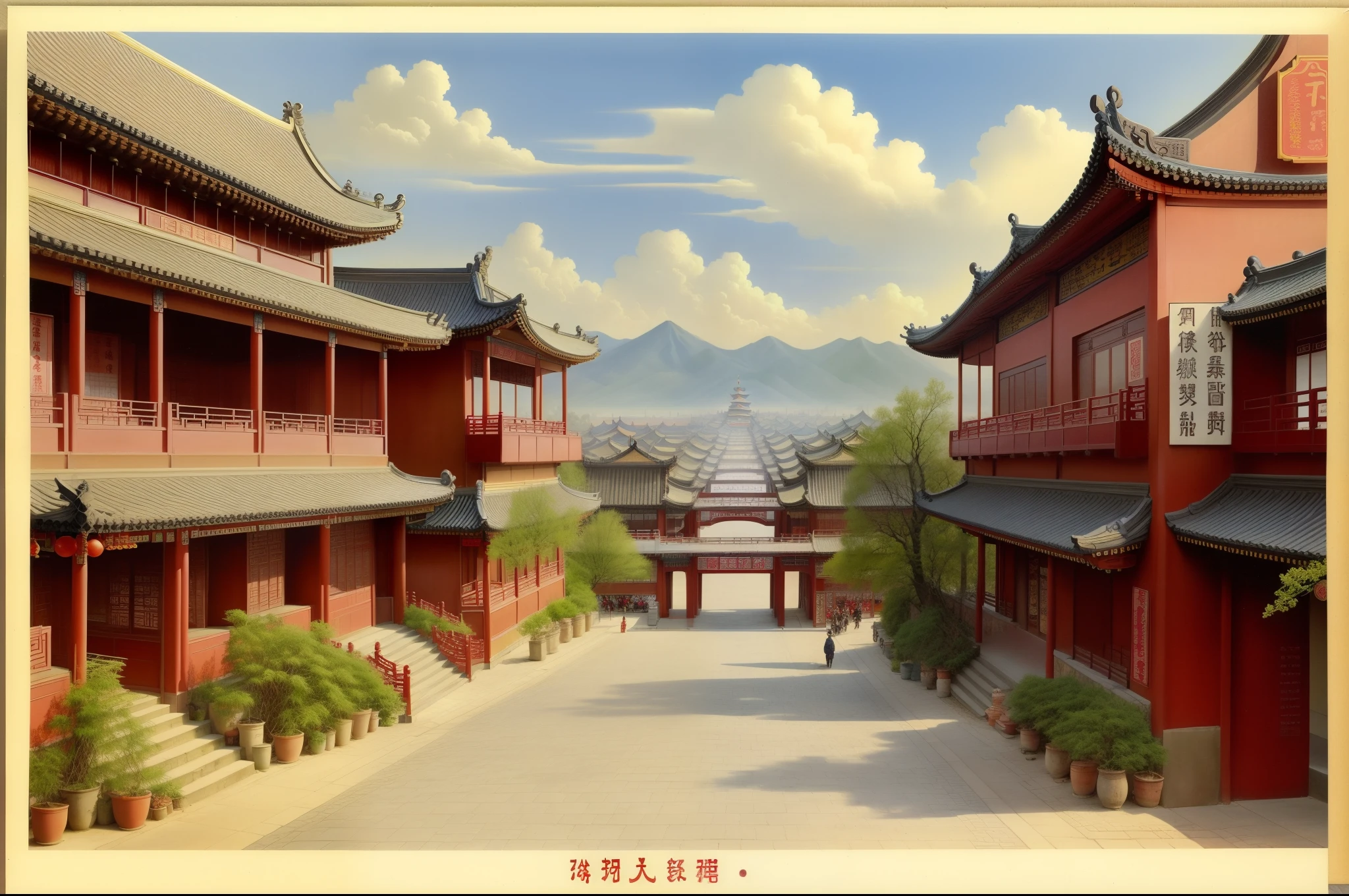 Chinese movie poster, big buildings, Chinese architecture in mechanical style, The flag flies, Plaza, vibrant with colors, Sunny weather, ultra-wide-angle, 8K quality, CG high-quality charts,C4D rendering effects,Be creative, Inspired by the age of machinery, Reference source: Tiananmen square, China, Reference source: The Palace Museum of China, trending on cgstation,