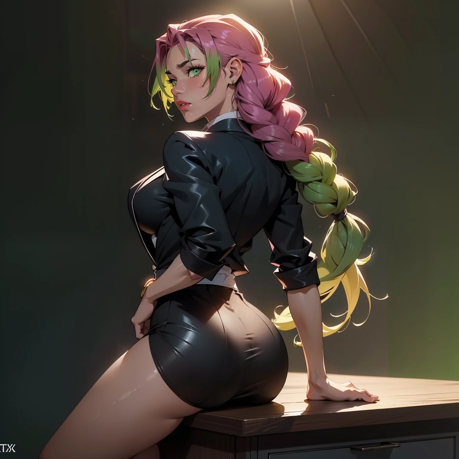 Hyper realistic super detailed sexy Mitsuri Kanroji, NSFW, Very detailed, expressions faciales sexy, seductive facial expressionace detail: 1.4): 0.4], 16K resolution, 4k resolution, dinamic lighting, High definition resolution, (sexy pose, Position attrayante), (hyper realistic: 1.4), (back light: 1.2), (sun light: 1), (pleine hauteur: 1.8),(contrasting background: 1.5), (Anatomy of the hyperrealistic arm), (Hyperrealistic anatomy of the legs), (peau propre), (lighting cinematic: 1.7), (intime), (Technologie NVIDIA RTX Ray Tracing), (Ventre plat parfait), (image couleur),Create a 4K resolution, ultra-realistic, and extremely detailed artwork featuring a Mitsuri Kanroji CEO in a corporate office setting with a provocative style. Mitsuri Kanroji  the central character in the artwork, known for her commanding presence and bold appearance. She  seated at her executive desk in a modern office with large windows offering a cityscape view.

 ((Mitsuri Kanroji (demon slayer))), a girl with long green-pink gradient hair and green eyes, green hair, gradient hair, multicolored hair, long hair. Sha has a commanding presence. She has a provocative yet professional silhouette, with a tailored business suit that subtly emphasizes her figure. Her makeup  bold, with striking red lips and a gaze that demands attention.

She  dressed provocatively,  a bold fashion statement. Her business suit  exquisitely tailored, with a slightly low-cut blazer that adds a touch of allure to her attire. She wears a pencil skirt that accentuates her elegance and high heels that command authority. Her jewelry  exquisite, adding a touch of glamour to her overall appearance.