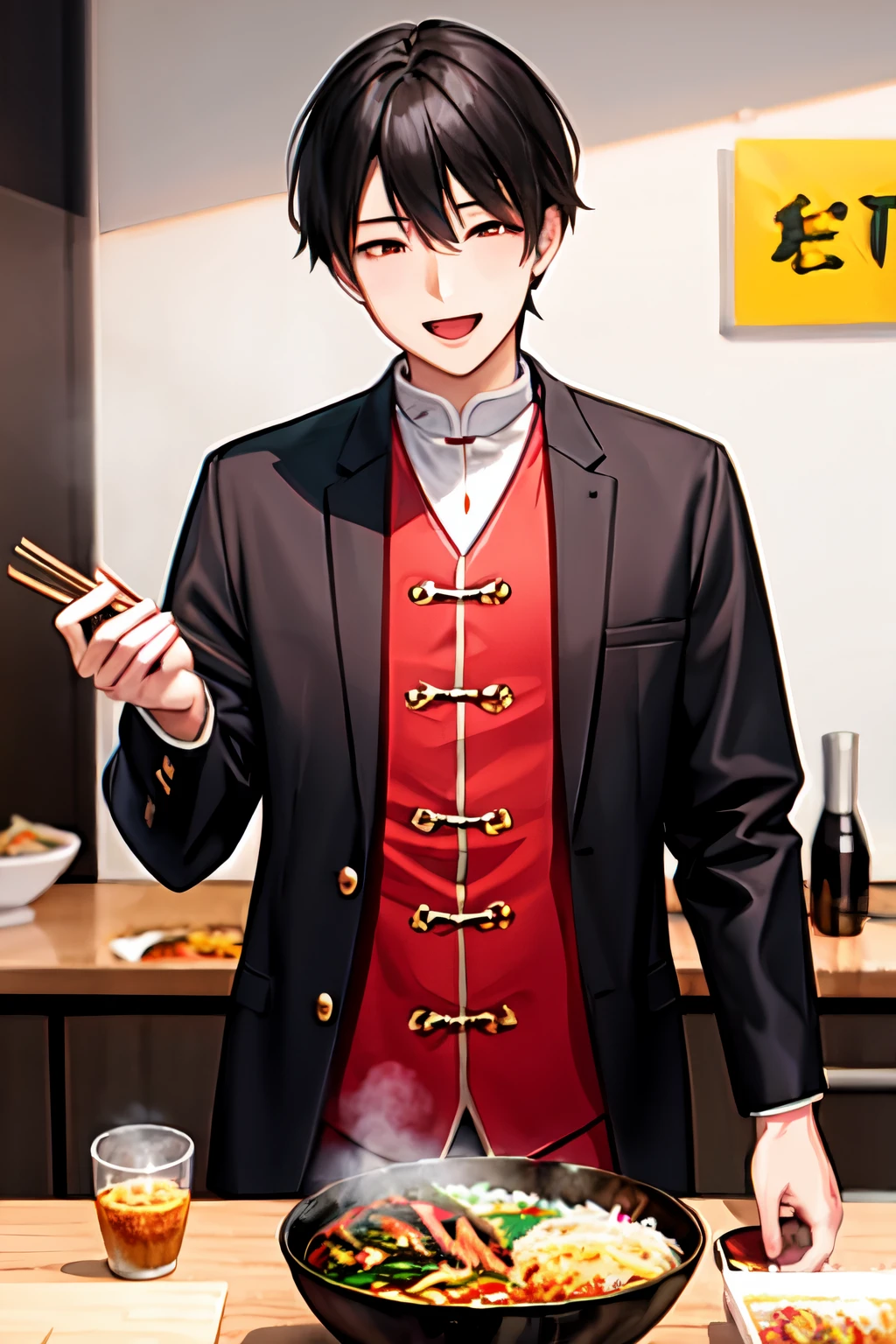A Chinese man wearing a Chinese Tang suit,The left hand holding a piece of barbecue bibimbap.,Chopsticks in his right hand,Staring at the BBQ bibimbap in his hand,His face was filled with joy,