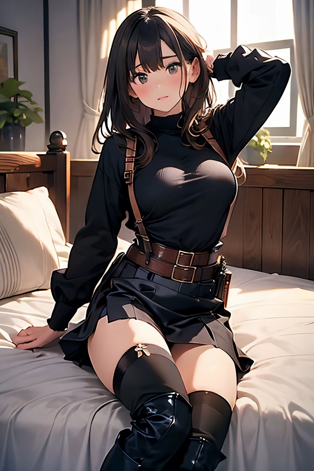Brown hair、watching at viewers black suspenders Bulging big breasts walls: Black miniskirt garters Gaze Small face bangss holster Belt Armament Beautuful Women srestrained hands up Lying in bed Leg holster lying on the bed Gaze black boots panty shot