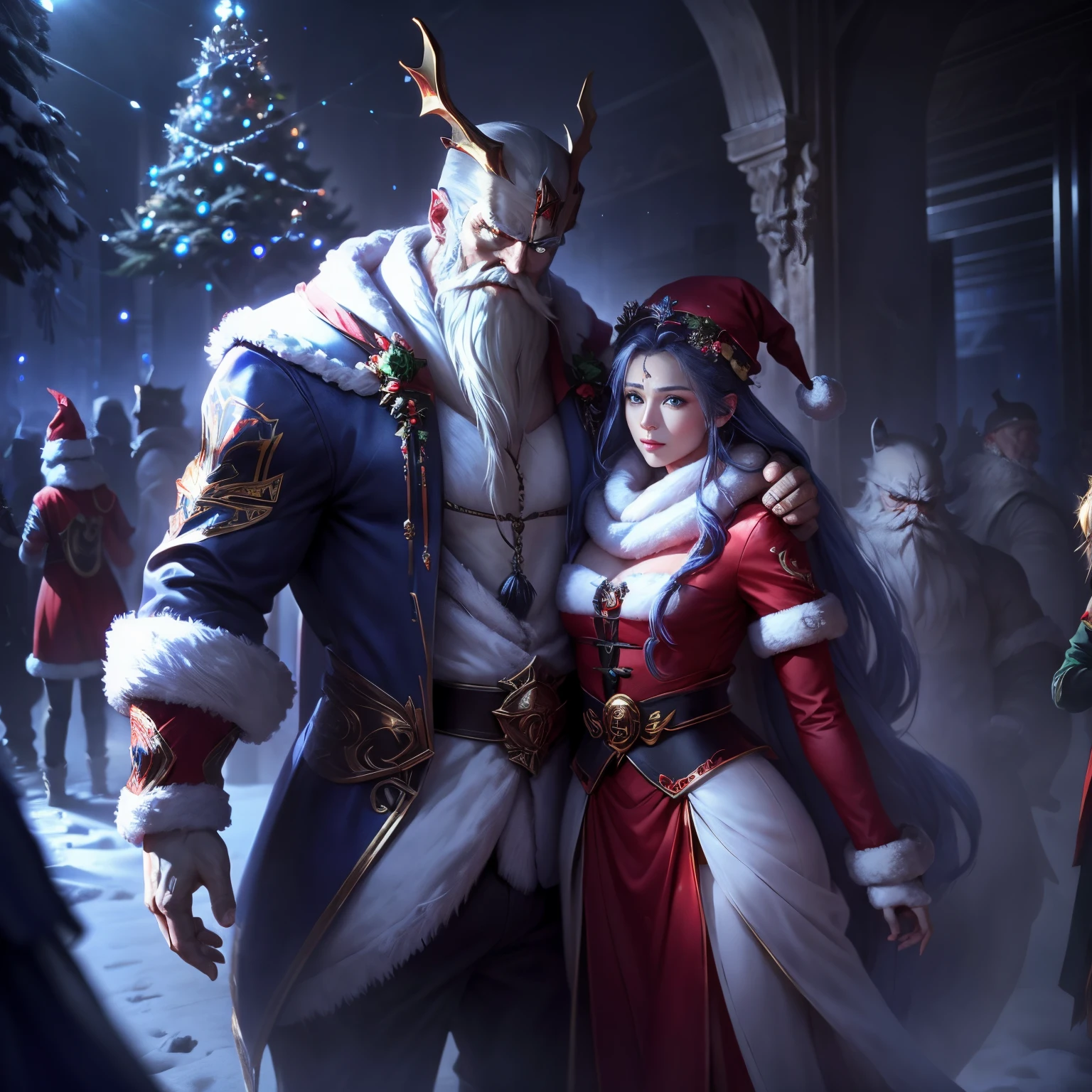 1femele、Slender beautiful figure、make friends with big monsters、.超A high resolution、An ultra-high picture quality、8K、Wonderful expression with attention to detail、they are enjoying the party together、Santa Claus Costume、Night party background with christmas tree、