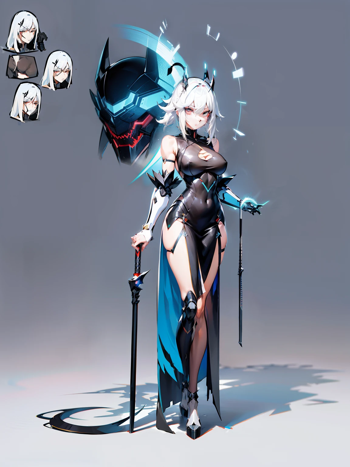 Anime character with microphone and microphone stand, Original concept art, interesting character design, ( ( concept art of character ) ), future robot queen, beautiful full-body concept art, Great character design, Beautiful robot character design, clear outfit design, Black Hand themed clothing, Official concept art, expert high detail concept art, full body concept, character design humanoid,Holding a giant scythe weapon,black short skirt,Nero,Shark clips,Coiled hair,hand agent