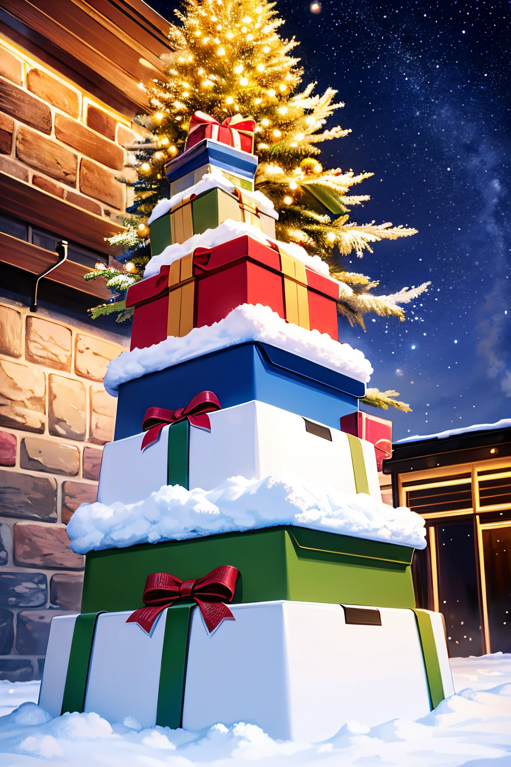 A Christmas tree,Many gift boxes,Stacked on top of each other,there are large and small,Under the stars,warmth,downy,brightly,drifting snow,mistic,snowfield,Exquisite packaging,artistic expression,The cinemisual。