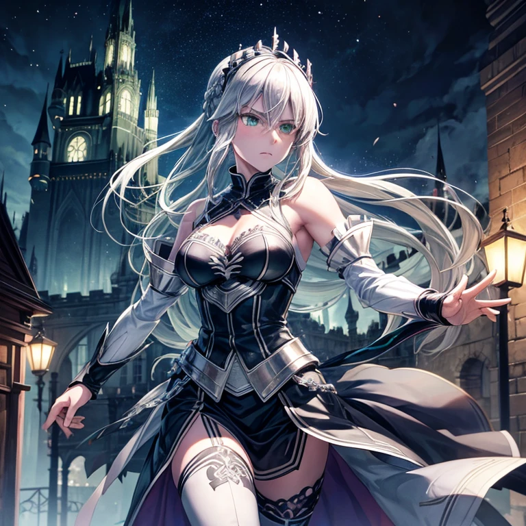 ((Anime Girl + Black Dress + Gothic Girl Anime Girl + White Hair + Seductive Anime Girl + Female Action Anime Girl + Badass Anime): 1.3+ White-Haired God), (8K + Perfect Details + Big Castle), (Front Gun), (Extreme Detail), (Big Castle Staircase Standing), (Spooky Style: 0.7+ Girl Front Style: 0.3), (Trend in PIXIV: 0.8 + Artstation: 0.2)