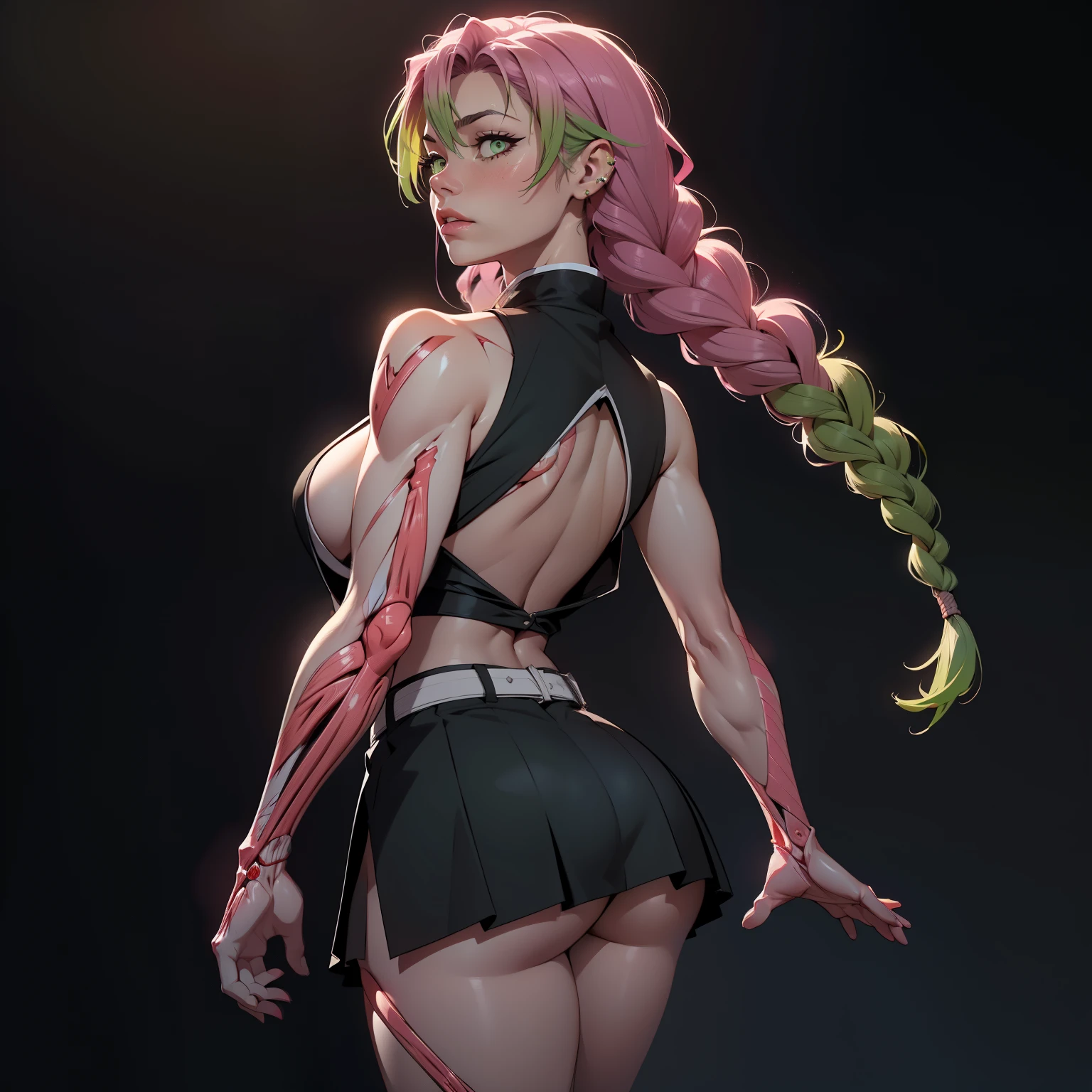 Hyper realistic super detailed sexy Mitsuri (demon slayer), NSFW, Very detailed, expressions faciales sexy, seductive facial expressionace detail: 1.4): 0.4], 16K resolution, 4k resolution, dinamic lighting, High definition resolution, (sexy pose, Position attrayante), (hyper realistic: 1.4), (back light: 1.2), (sun light: 1), (pleine hauteur: 1.8),(contrasting background: 1.5), (Anatomy of the hyperrealistic arm), (Hyperrealistic anatomy of the legs), (peau propre), (lighting cinematic: 1.7), (intime), (Technologie NVIDIA RTX Ray Tracing), (Anatomy of the hyperrealistic arm: 2), (Ventre plat parfait), (image couleur), Create a work in 4K resolution, Ultra-realistic and extremely detailed featuring Mitsuri (demon slayer) with a provocative style. Mitsuri (demon slayer)  the central character of the work, connue pour son charisme captivant et son apparence audacieuse. Elle se tient dans un environnement de classe typique, surrounded by desks and blackboards.

(Mitsuri (demon slayer))), a girl with long green-pink gradient hair and green eyes, green hair, gradient hair, multicolored hair, long hair. She has an attractive silhouette and huge cleavage, avec des courbes provocantes qui mettent en avant son charme naturel. Son maquillage est audacieux, with bright red lips and piercing eyes. Can see lingerie

She  dressed in a provocative outfit that does not go unnoticed. Her blouse  slightly neckline and fitted, highlighting its silhouette in a suggestive way. She wears a short skirt that accentuates her shapely legs, and high heels that give him a confident gait. Ses bijoux sont accrocheurs, adding a touch of glamour to its appearance.