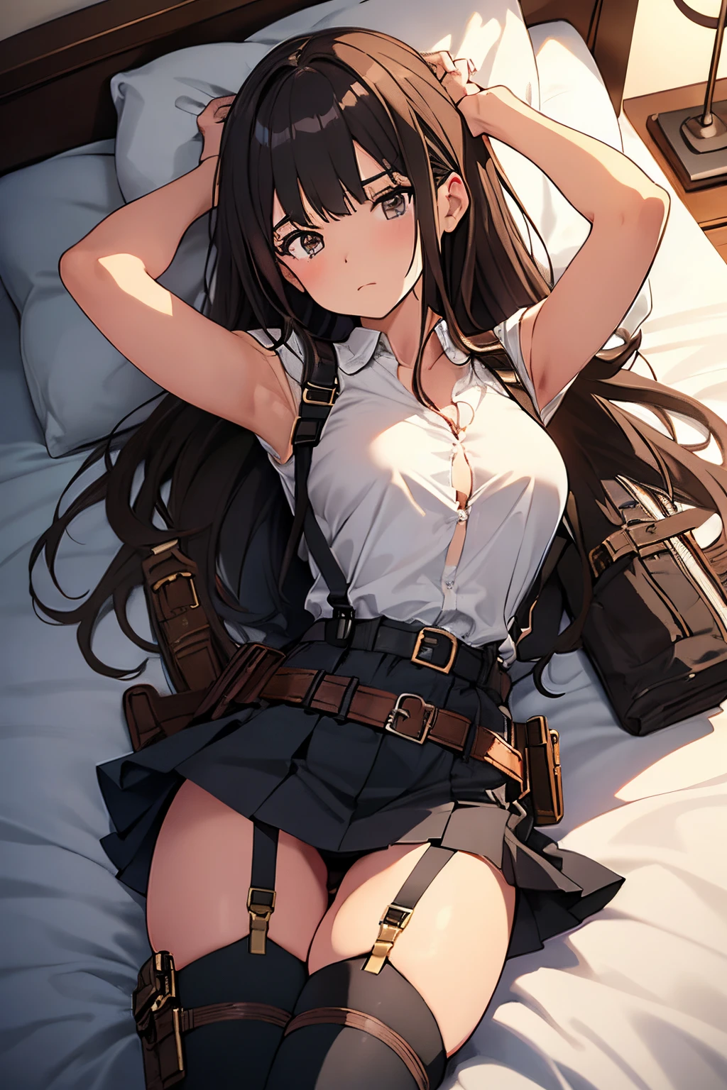 Brown hair、watching at viewers　　　black suspenders　　　Bulging big breasts　　 　 　　　walls: 　Black miniskirt　garters　　　　　　Gaze　　　Small face　bangss 　　　holster　　Belt Armament　Beautuful Women　srestrained　hands up　Lying in bed　Leg holster lying on the bed　　Gaze 　black boots panty shot