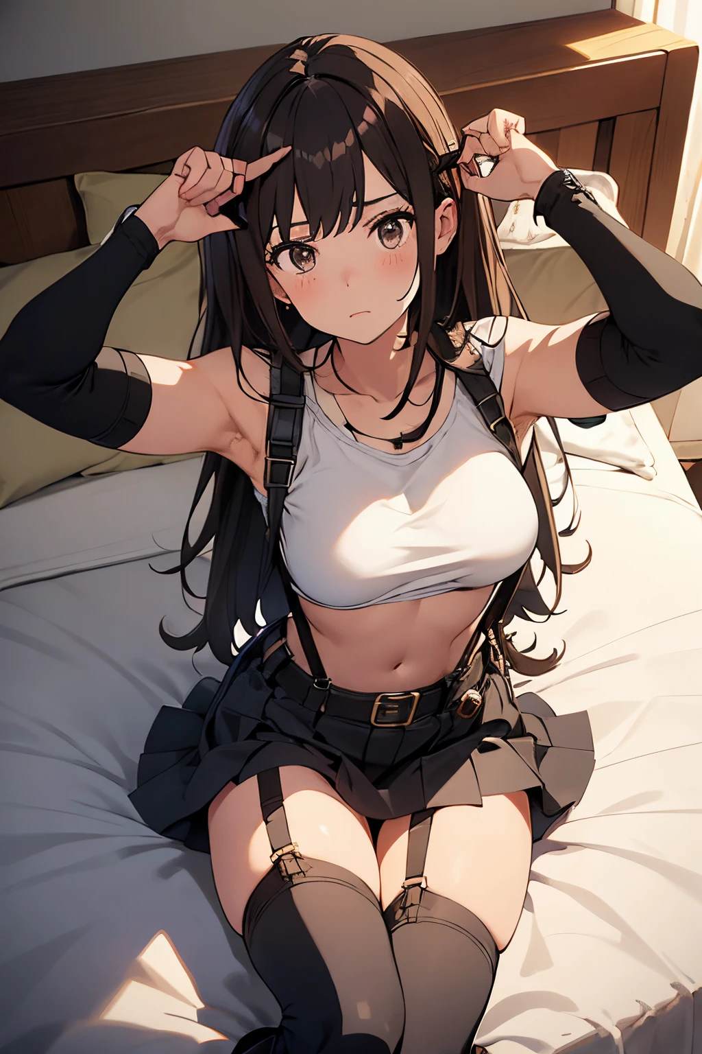 Brown hair、watching at viewers　　　black suspenders　　　Bulging big breasts　　 　 　　　walls: 　Black miniskirt　garters　　　　　　Gaze　　　Small face　bangss 　　　holster　　Belt Armament　Beautuful Women　srestrained　hands up　Lying in bed　Leg holster lying on the bed　　Gaze 　black boots panty shot