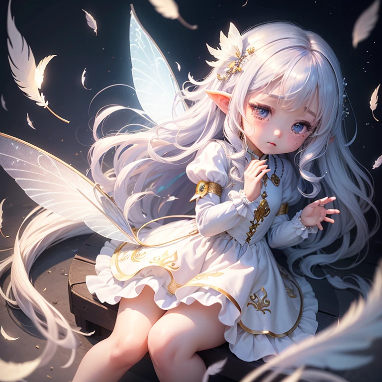 masterpiece、top-quality、ultra-detailliert、(Chibi Chara Fairy:1.2)、long, Wavy white hair swaying in the wind、Iridescent feathers、Prayer Hands、closing eye、shed tears、A ray of light、Dark background