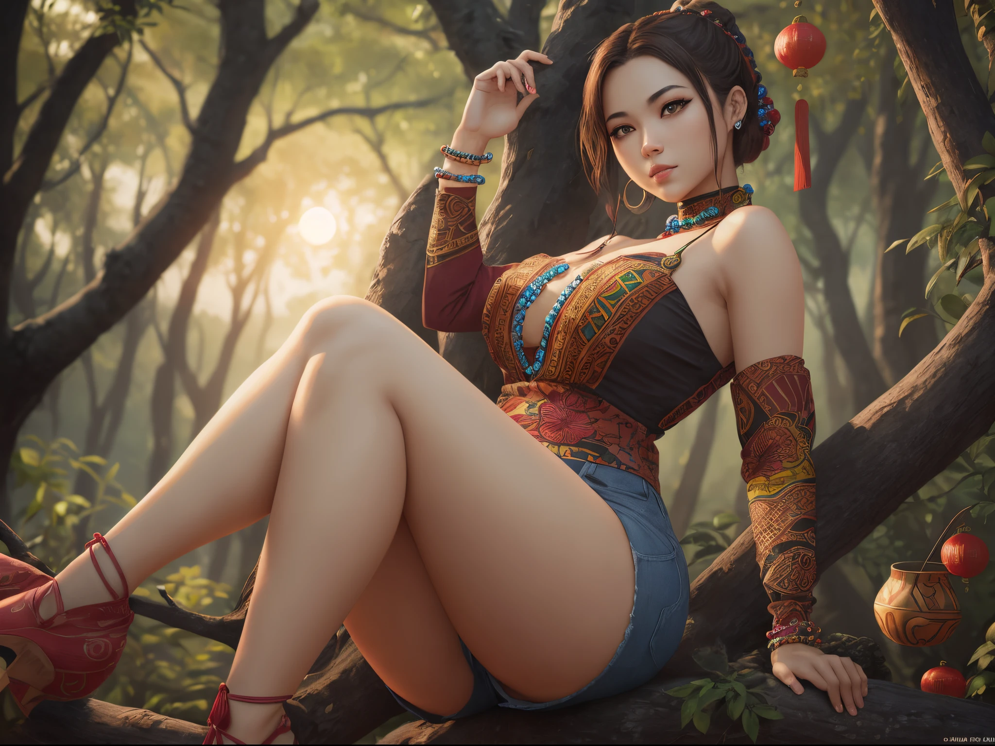 wide angle shot of a curvy Chinese pretty girl sitting among the branches of a tree branch high up above the ground, holding an African designed pot on her thighs, looking at the sunrise, dressed in a minkirt and blouse, with african designed beads on her neck and wrists, hyper-realistic image, 32k, ultra HD, unreal engine rendered, cinematic lighting, artgerm style, --auto --s2