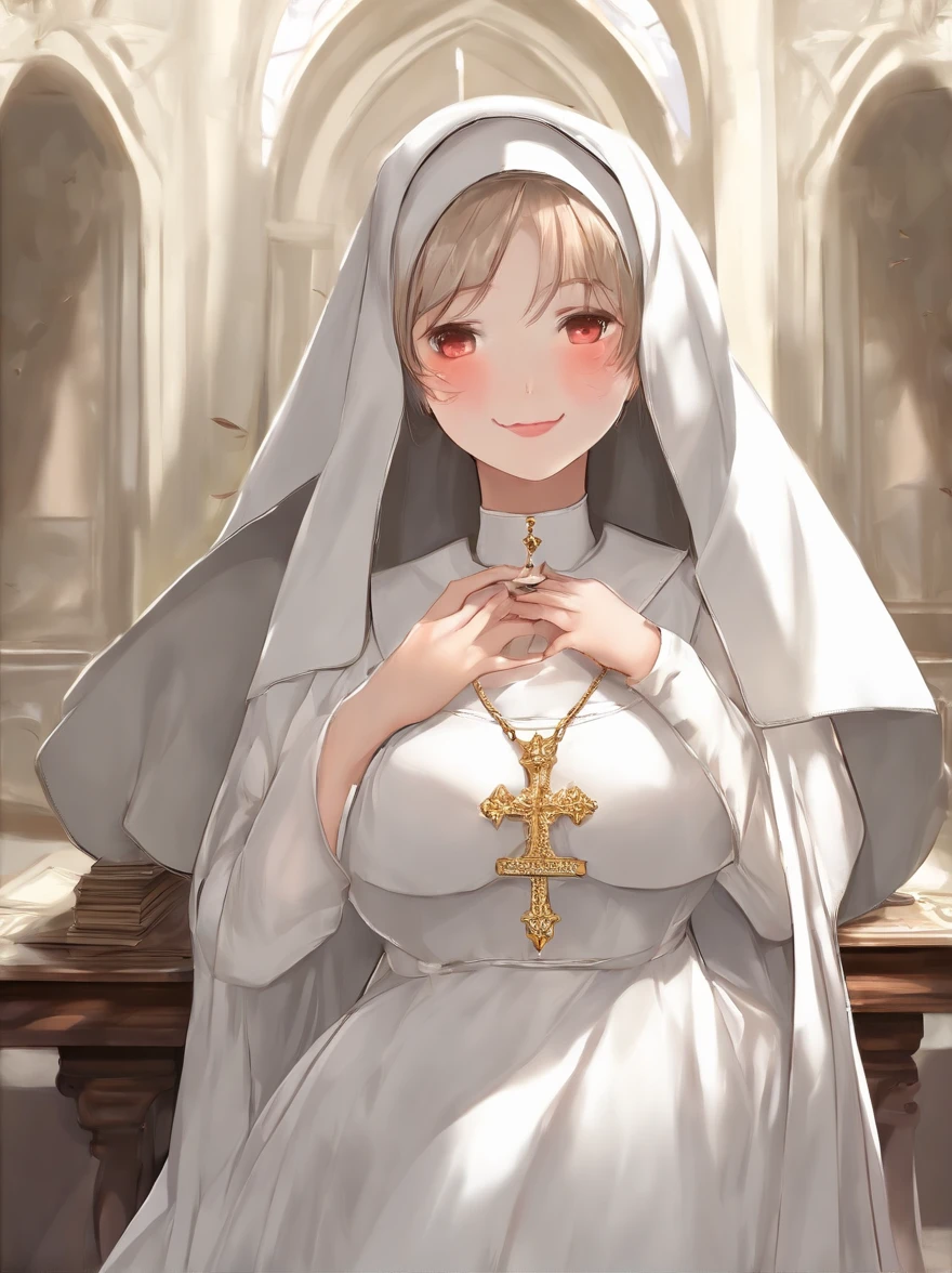 (1girl:1.5), masterpiece, best quality, best detail, best proportion, best anatomy, best face, blush, best shaped breasts, very large breasts, ((wearing nun's costume):1.4),  lowteen, ((half body shot):0.9), nsfw, in a confession room(background), shame, blush, topless:1.3, nipples:1.2, cum in pussy, very wet, spread her legs wide,