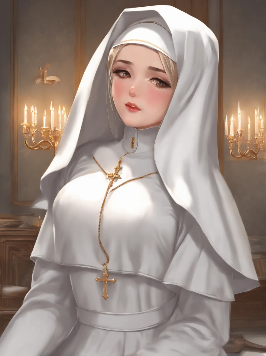 (1girl:1.5), masterpiece, best quality, best detail, best proportion, best anatomy, best face, blush, best shaped breasts, very large breasts, ((wearing nun's costume):1.4),  lowteen, ((half body shot):0.9), nsfw, in a confession room(background), shame, blush, topless:1.3, nipples:1.2, cum in pussy, very wet, spread her legs wide,