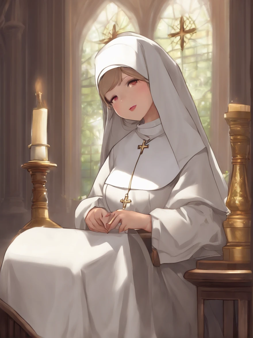 (1girl:1.5), masterpiece, best quality, best detail, best proportion, best anatomy, best face, blush, best shaped breasts, very large breasts, ((wearing nun's costume):1.4), lowteen, ((half body shot):0.9), nsfw, in a confession room(background), shame, blush, topless:1.3, nipples:1.2, cum in pussy, very wet, spread her legs wide,