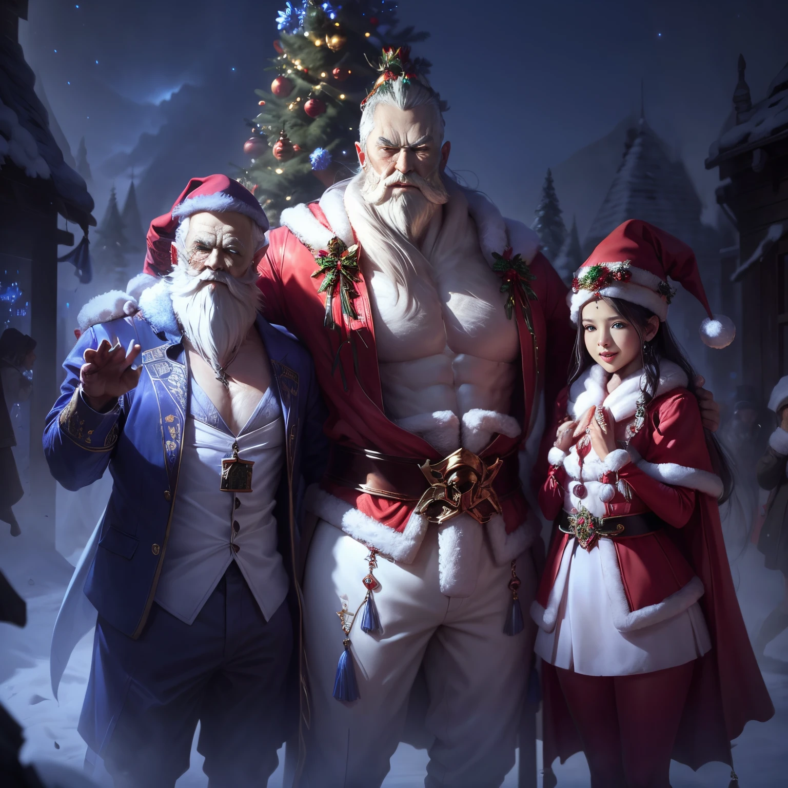 1femele、Slender beautiful figure、make friends with big monsters、.超A high resolution、An ultra-high picture quality、8K、Wonderful expression with attention to detail、they are enjoying the party together、Santa Claus Costume、Night party background with christmas tree、
