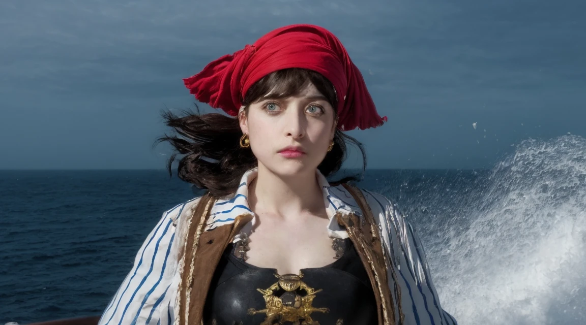 (Best quality,4K,8K,A high resolution,tmasterpiece:1.2),ultra - detailed,(actual,strength,photo imprint:1.37),Zoe Deschanel (Zoe Deschanel) Play a pirate girl，Holding a short knife on the deck of a pirate ship during a naval battle,Pirate theme illustration,sharp looking blue eyes,rosy lips,flowing curls,The perfect white pirate shirt,The corset emphasized her curvy figure,black knee boots,skull pattern headscarf,Eye-catching gold hoop earrings,Her pirate shirt has delicate ruffles,Smoke billows from cannon in background,Rough waves crashing against the boat,Swirling clouds in violent stormy sky,Dramatic lighting casts shadows on Zoe#39;of the face and body,High-contrast colors enhance the intensity of the scene