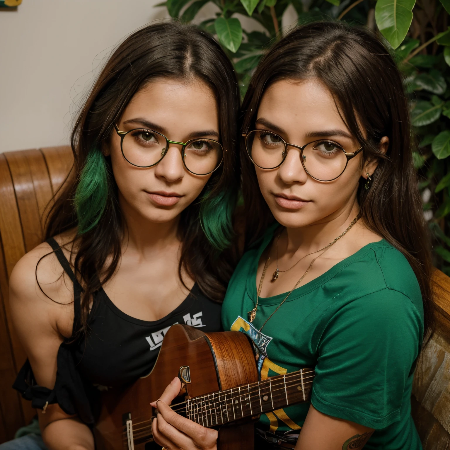 um casal: uma mulher de preta, cabelo cacheado, wearing green glasses, all star, leitora, hippie e gordinha. um namorado alto, loiro, de olhos azuis,charmoso e bonito. guitarist and serious.