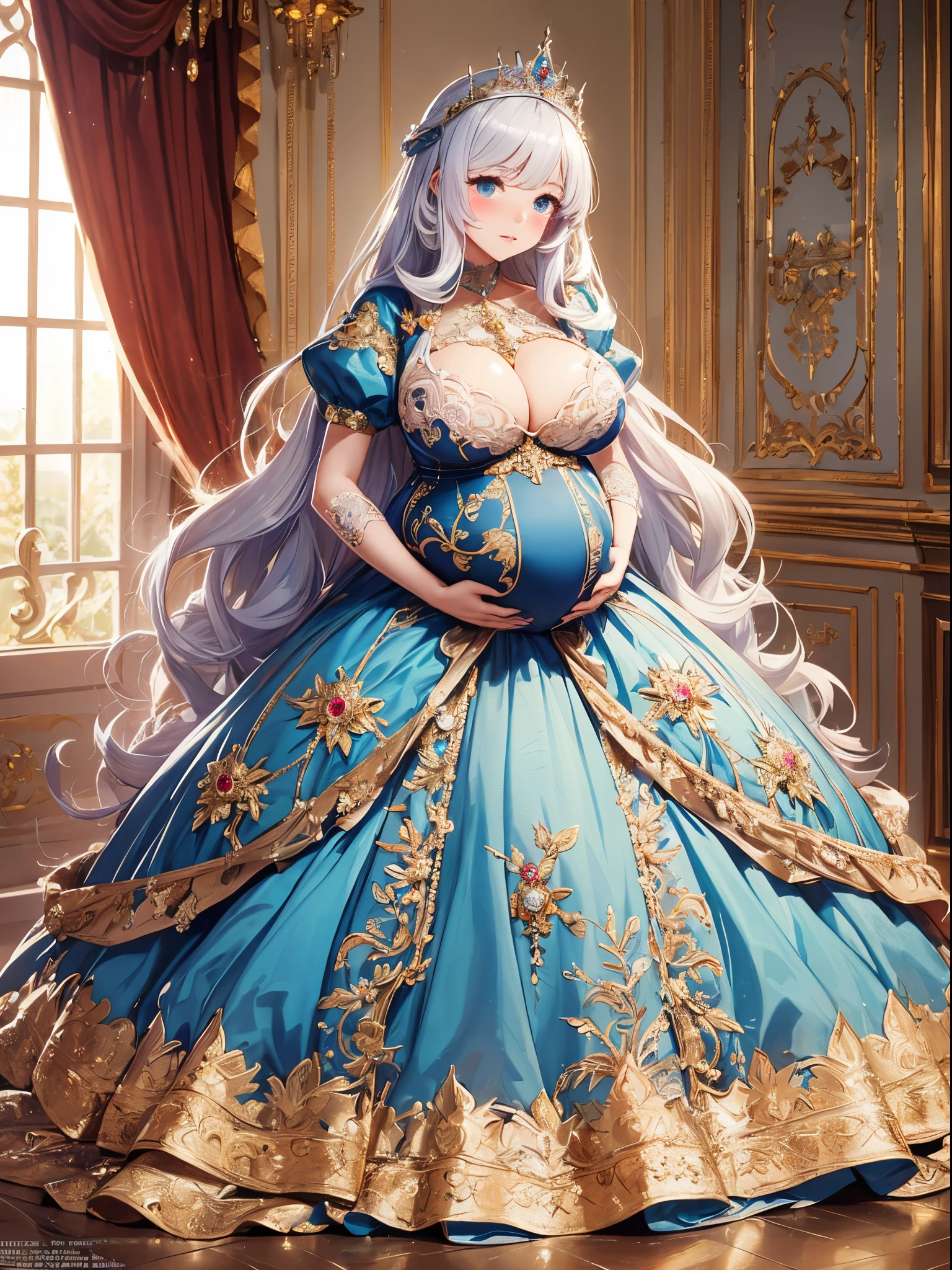 ultra-detailed, extremely detailed,((anime artstyle)),Masterpiece,(Best Quality),(Super Detail),(Very Delicate and Beautiful),((Solo)),((full body)),full body,((detailed face and eyes)),perfect eyes, rendered eyes,jewel-like beautiful eyes,((embarrassed,blush)),((1 pregnant princess in beautiful embroidery and jeweled gorgeous rococo ballgown with voluminous full length hoop skirt)),(((heavily pregnant))),((Crinoline,luxurious ruffles)),beautiful embroidery and jeweled gorgeous rococo ballgown with voluminous full length hoop skirt,(large amount of straight hair,extremely voluminous Very Long straight Hair,Absolutely Long Straight Hair),(((very gigantic boobs))),skindentation,Bursting breasts,cleavage,(fantasy castle,luxury palace),long_gloves,extremely gorgeousfull jeweled hair ornament,(bling-bling extremely gorgeousfull jeweled tiara),(luxurious jewelry),full body,beautiful embroidery and jeweled gorgeous rococo princess ballgown with voluminous full length hoop skirt