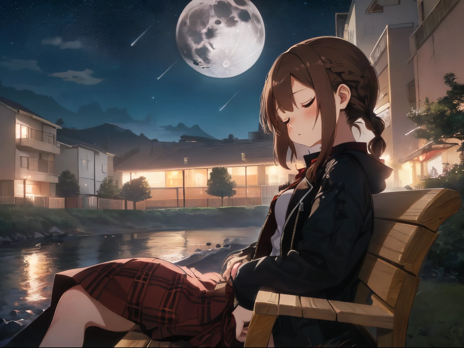 ((Brown hair)),((Braided shorthair)),((Pigtails)),((With black eyes)),Slight red tide,((A moonlit night where the stars shine beautifully)),(((warm red down coat))),plaid tops shirt,((Long skirt made of denim material)),gloves,(A bench in a park with only one streetlight),((i#39;i#39;i am lying on the bench, Sleeping with closed eyes)),(dozing),(Bakugou),((View from the side)),