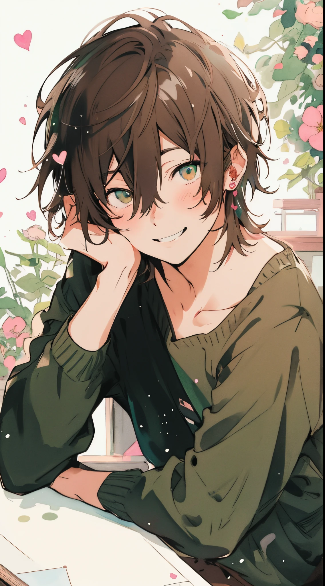 masutepiece,Clear line drawing, Transparent watercolor, Clear shading, Handsome young man, Chocolate brown hair, harmonious hazel eyes, white desk,Chic casual style in pastel pink and seafoam green, A relaxed sitting posture is a symbol of happiness, Smiling happily, A small accessory around the neck that symbolizes happiness, A bright space filled with colorful flowers and positive catchphrases, loose frame, Emphasize the smile, Sparkling floating heart effect.High quality, amount of drawing, pixiv illustration