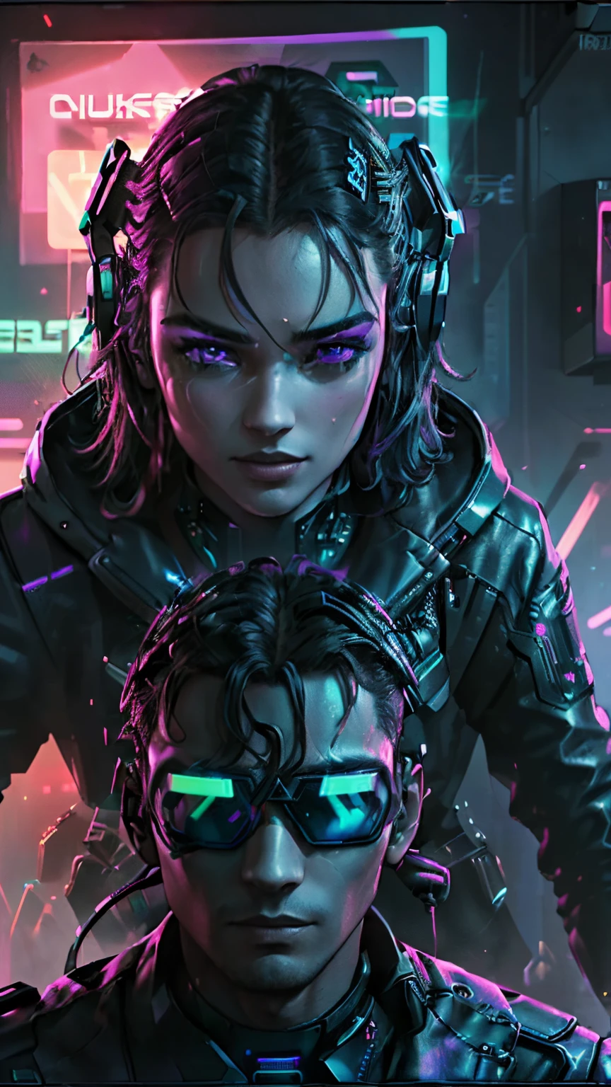 ((Best quality at best)), ((tmasterpiece)), (The very detailed:1.3), 3D,neon black, Beautiful cyberpunk man and woman,Man getting ready to kiss woman,(Wear a thick, high-tech head-mounted display:1.2), wearing casock, Computer terminal,Monitor glows with purple neon light, Green neon lights on the wall,