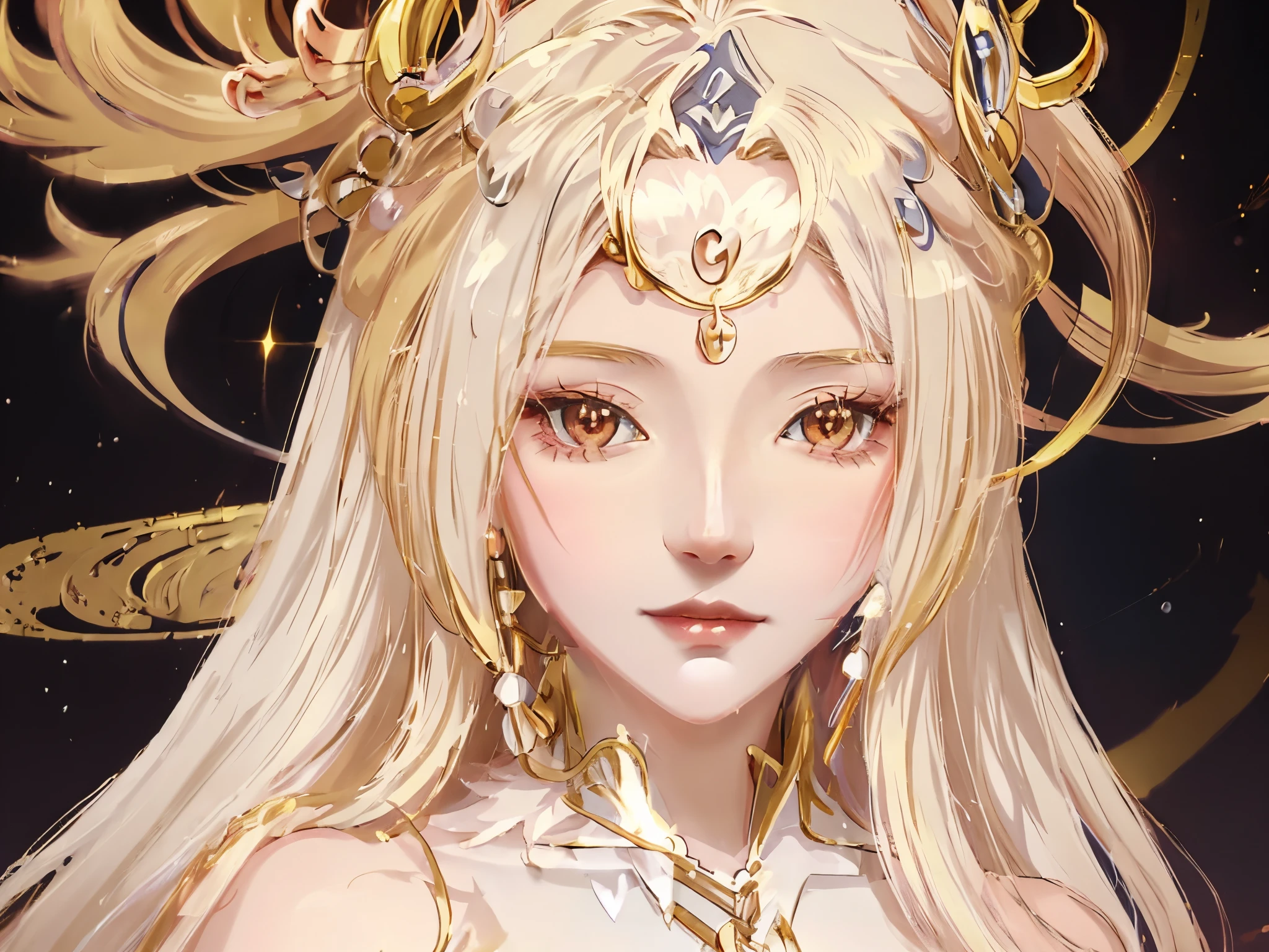Anime girl with long blond hair and gold jewelry in front of black background, onmyoji detailed art, anime goddess, onmyoji portrait, onmyoji, white-haired god, the goddess artemis smirking, lunar goddess, Complex and gorgeous anime CGI style, beautiful fantasy empress, Works of the Goddess of Sorrow, lunar goddess, lunar goddess