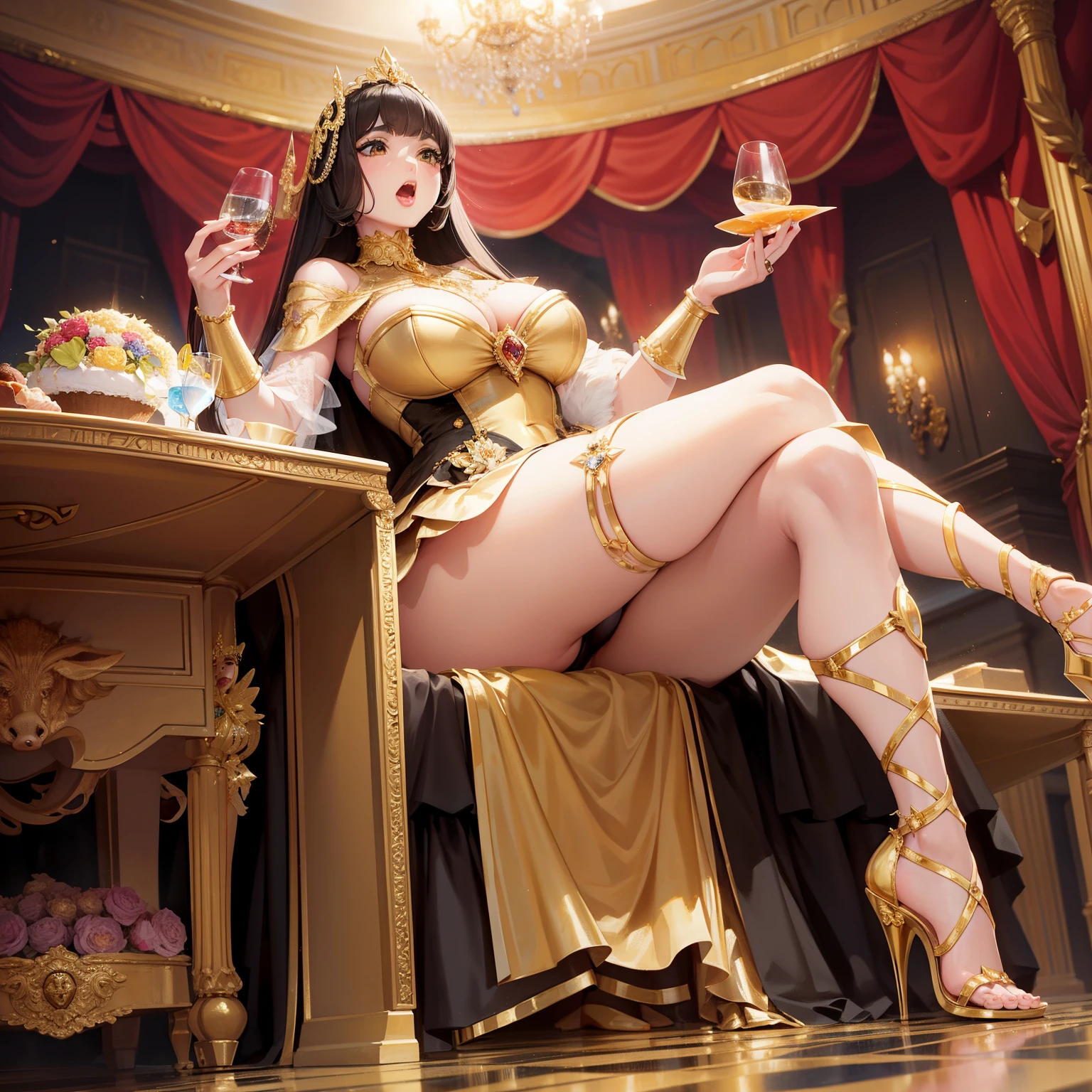 Roman princess wears golden high-heeled sandals,Eating in a luxury car,turn yourself into a pig,with her mouth open,head looking up,an your legs,plump thighs 0,scary palace