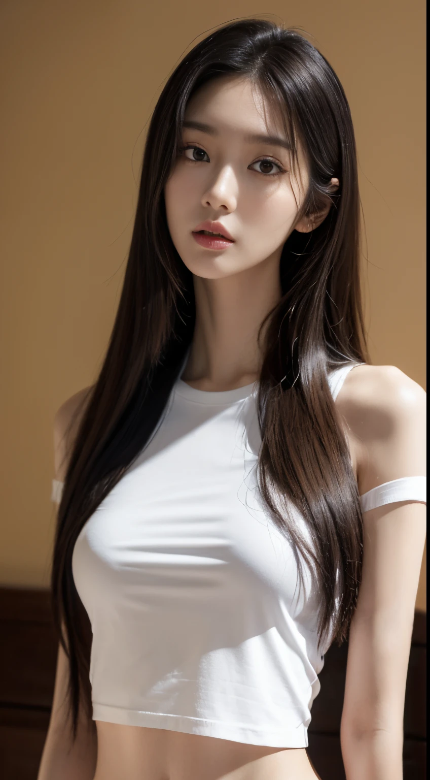 (Photorealistic),(Masterpiece),(ultra-detailed),a very close shot of very pretty tall idol girl but so busy that she had starved for a month so very close to fainting but somehow stays conscious for her fans and has extremely thin which are just bones and thinner than sticks and she is wearing a crop tshirt