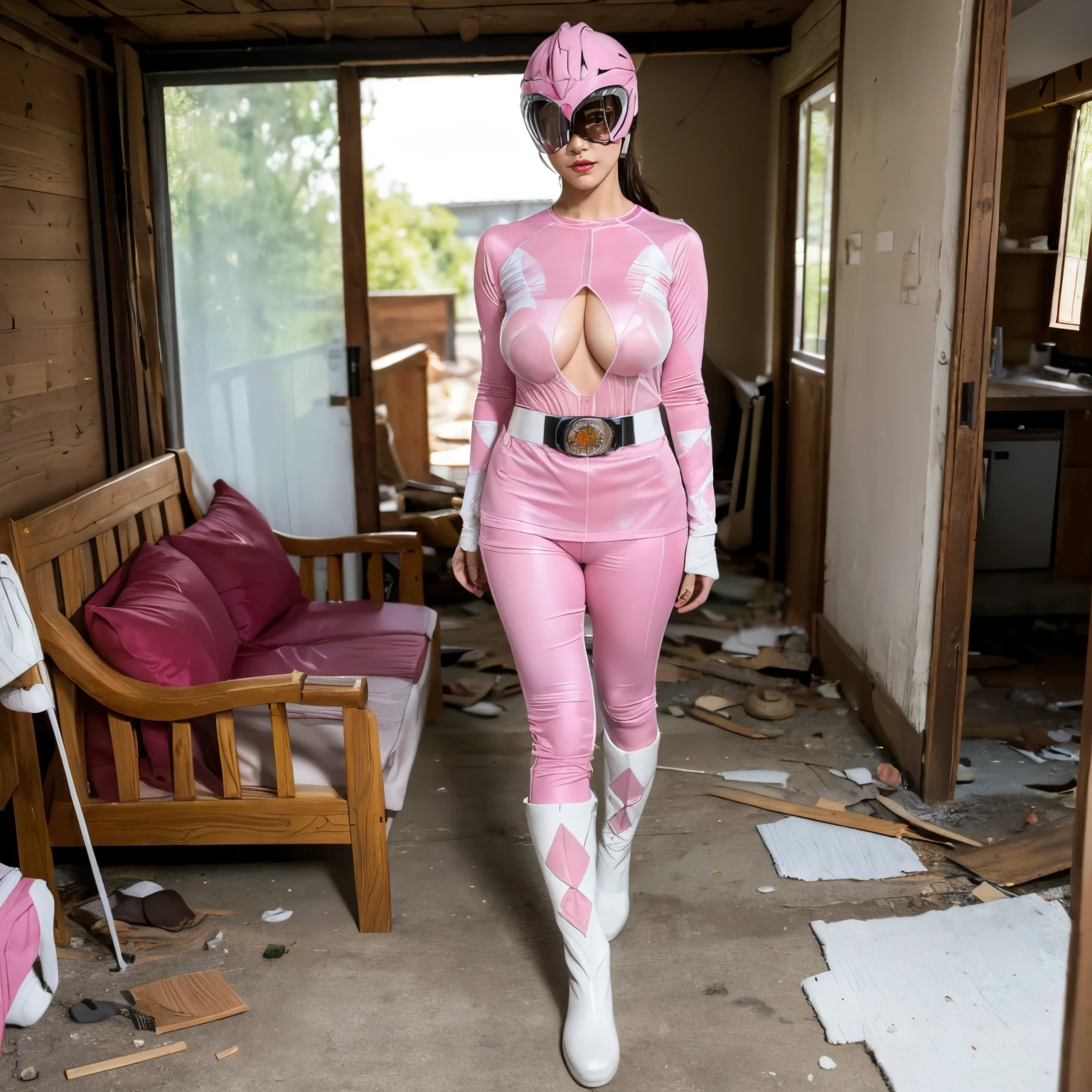 (masterpiece:1.1, Best Quality:1.1, 32K HDR, High resolution), (1girl in, Solo), Japanese cool and beauty girls, (Realistic portrait_Pink Power Rangers, realistic sentai heroine), ultra gigantic tits, Nipples visible from under the suit, (sheer heroine pink suit, See-through suit, Transparent suit, Pink helmet, full face helmet:1.2, Pink boots), Detailed skin texture, (Fighting Pose, inside a small abandoned house:1.25, sofa, Concrete house, Perfect slim body:1.1),